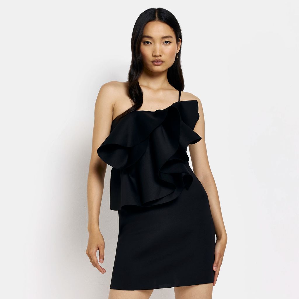 Womens Black One Shoulder Frill Mini Dress