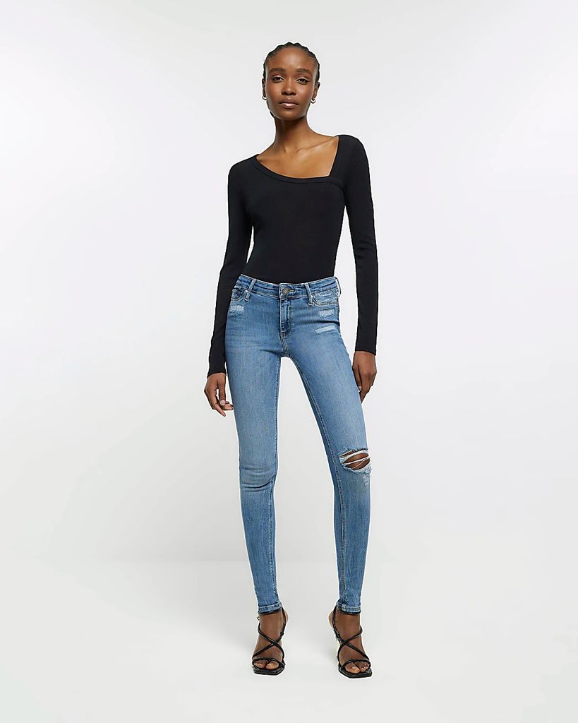 River Island Womens Tall Blue Mid Rise Ripped Skinny Jeans