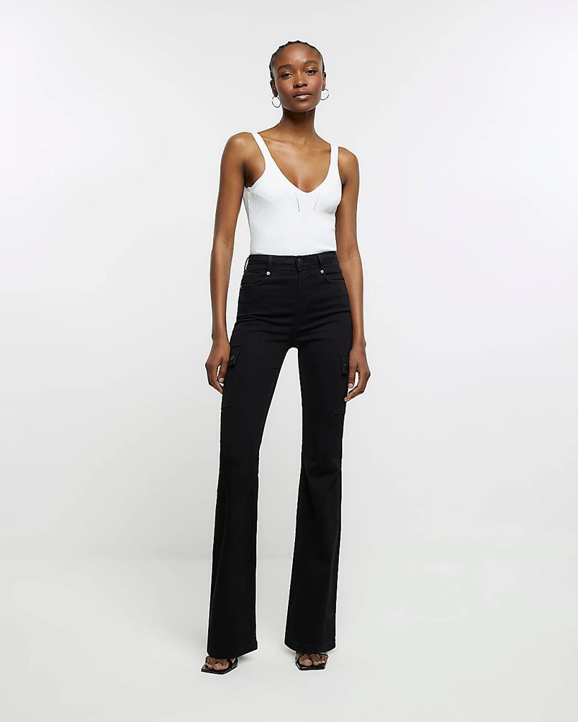 Womens Black Cargo Flare Jeans