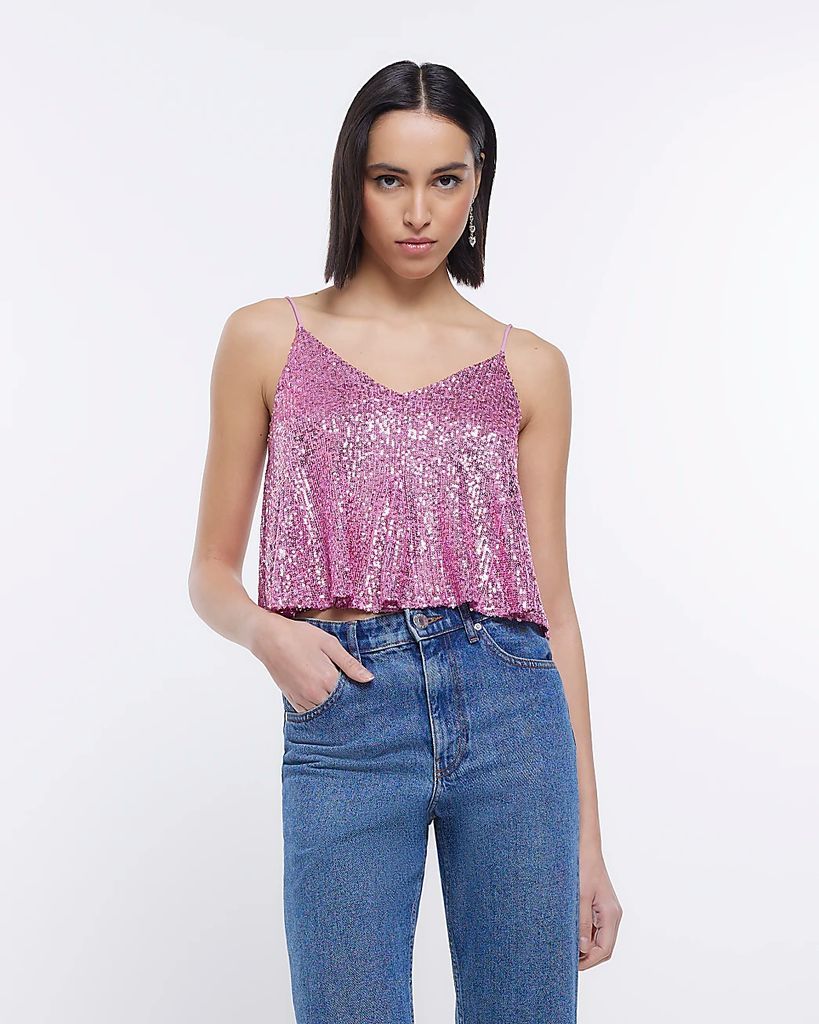 Womens Purple Sequin Cropped Cami Top
