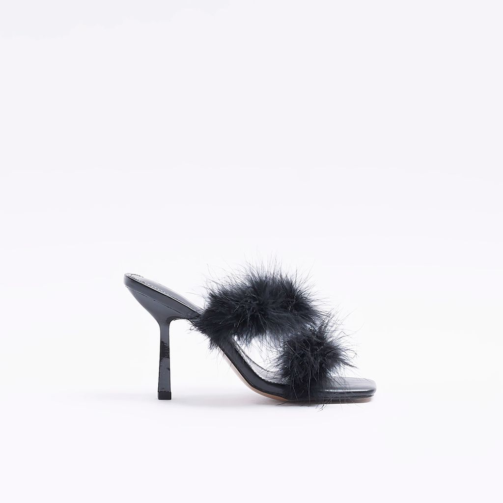 Womens Black Feather Heeled Mules