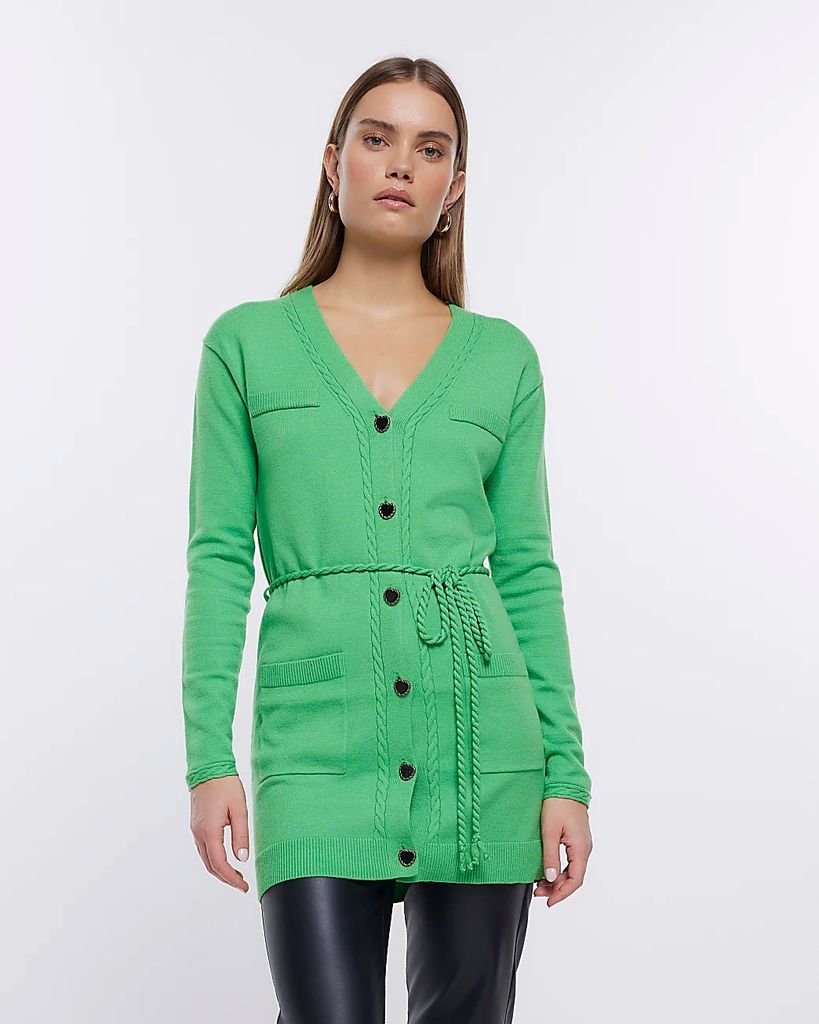 Womens Green Belted Long Sleeve Cardigan