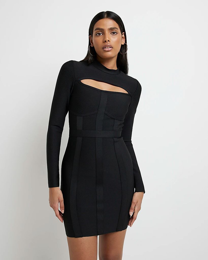 Womens Black Cut Out Long Sleeve Mini Bodycon Dress