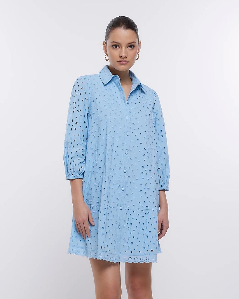 Womens Blue Broderie Long Sleeve Mini Shirt Dress