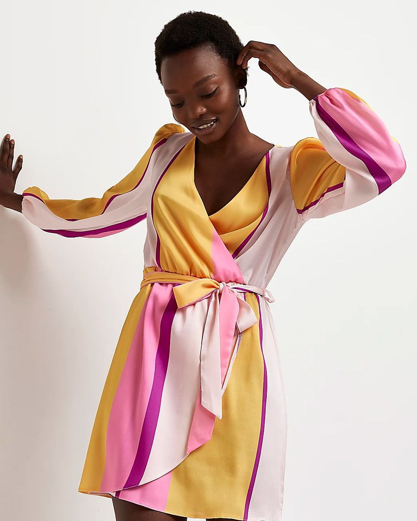Womens Yellow Satin Stripe Wrap Mini Dress
