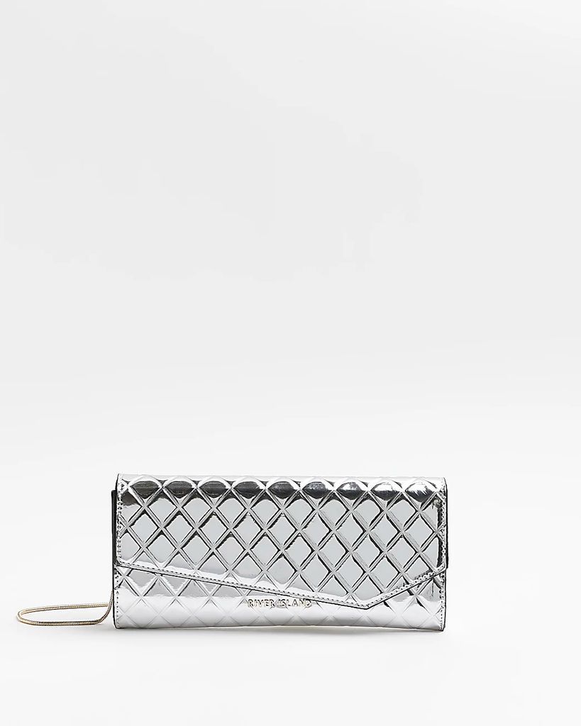 River Island Womens Silver Quilted Asymmetric Clutch Bag