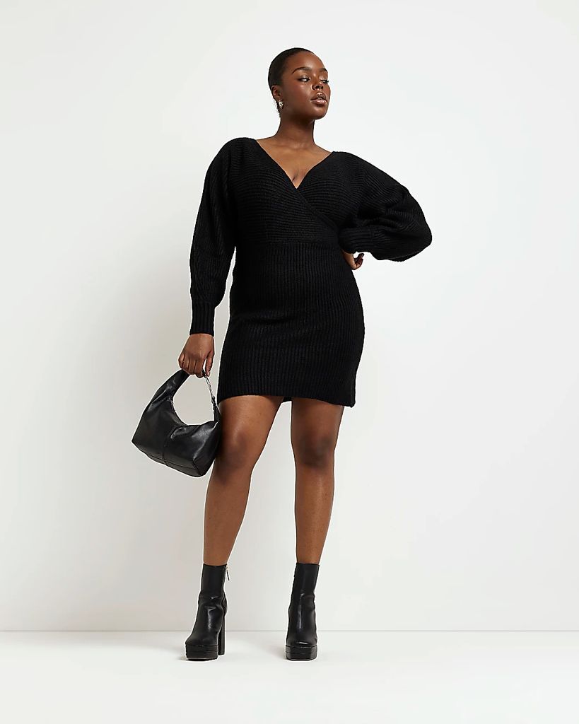River Island Womens Plus Black Knit Wrap Jumper Mini Dress