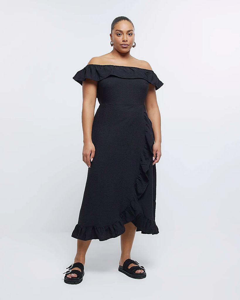 River Island Womens Plus Black Frill Bardot Midi Dress