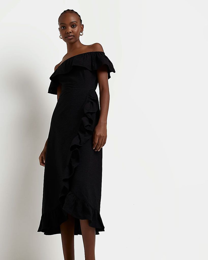 River Island Womens Black Bardot Frill Midi Dress
