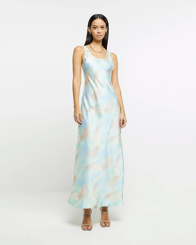 Womens Blue Satin Watercolour Slip Maxi Dress