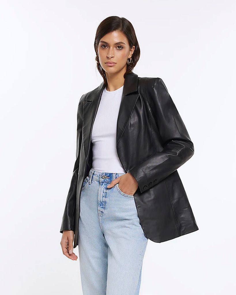 Womens Black Ri Studio Premium Leather Fitted Blazer