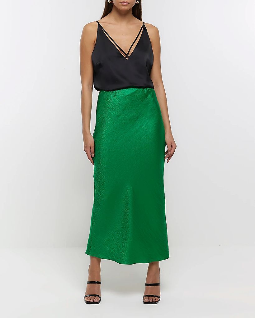 Womens Green Satin Maxi Skirt