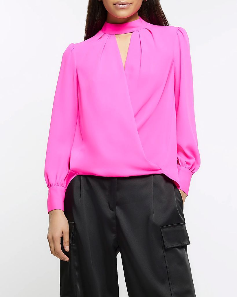 Womens Pink Cut Out Wrap Blouse