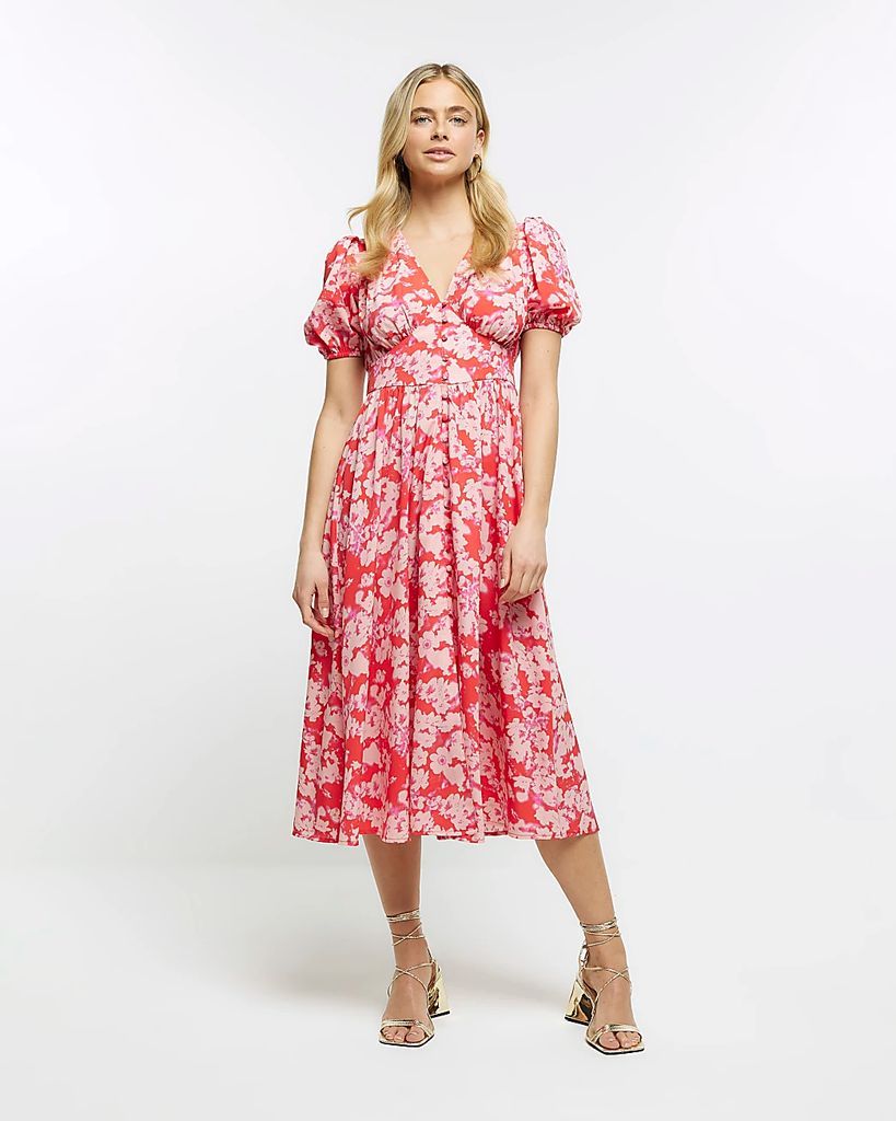 Womens Red Midi Swing Floral Dress