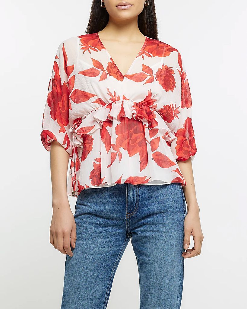 Womens Red Satin Floral Blouse
