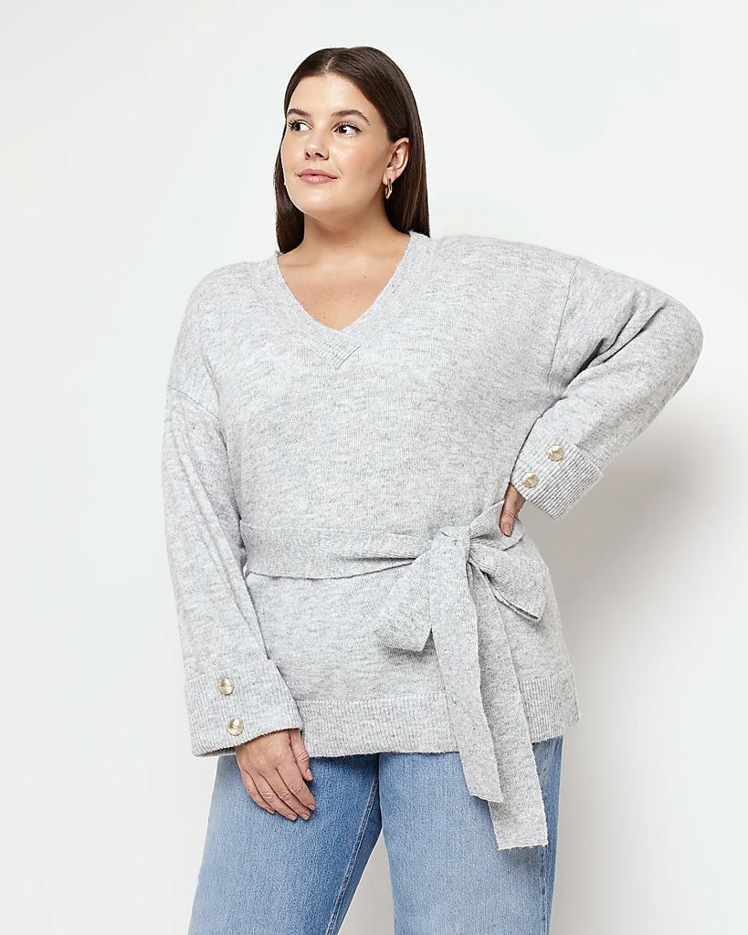 River Island Womens Plus Grey Knit Belted Jumper