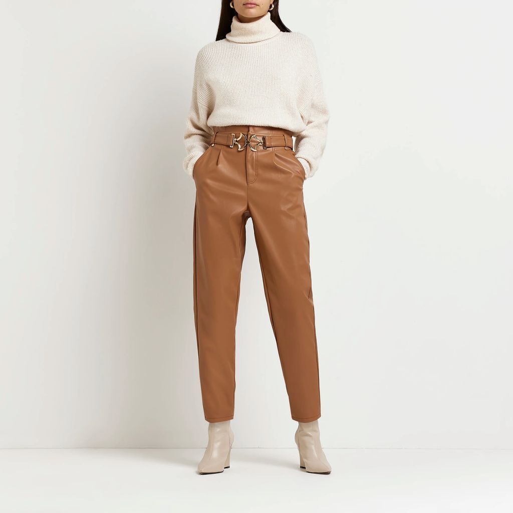 Womens Brown Faux Leather Paperbag Straight Trousers