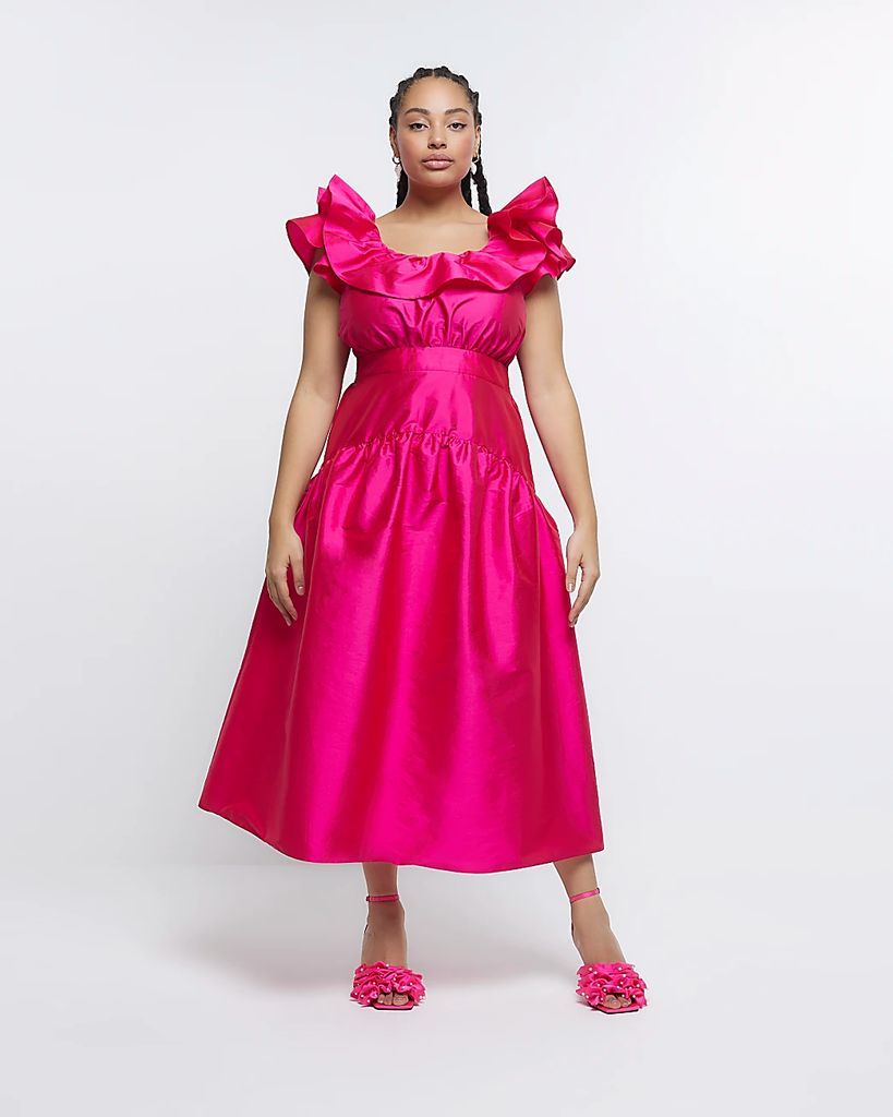 Womens Plus Pink Puff Sleeve Midi Dress