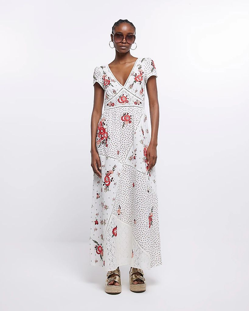 Womens Cream Embroidered Floral Smock Maxi Dress