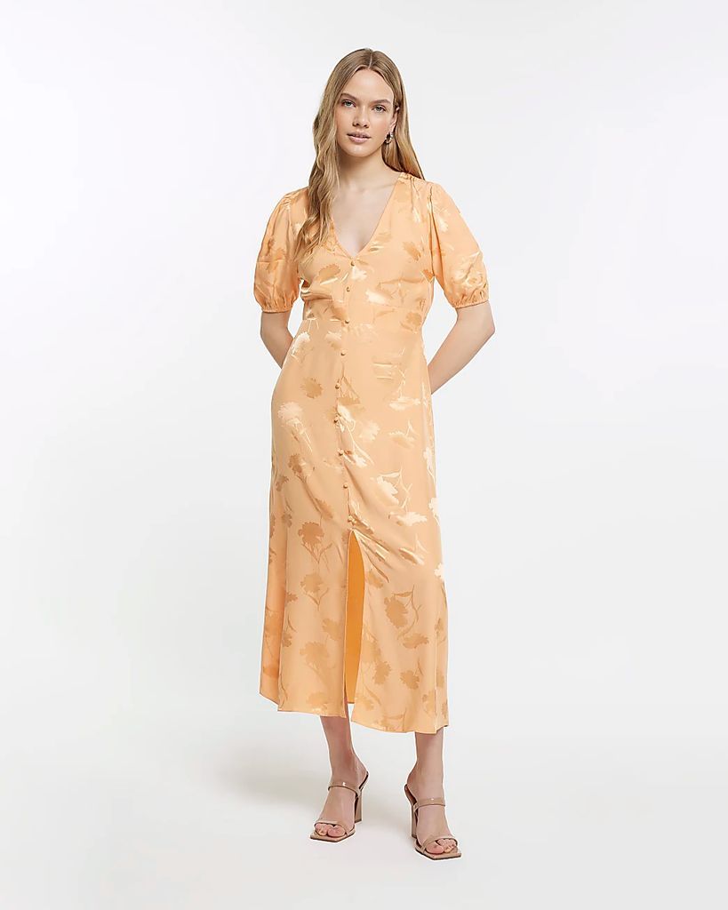 Womens Orange Jacquard Puff Sleeve Swing Midi Dress