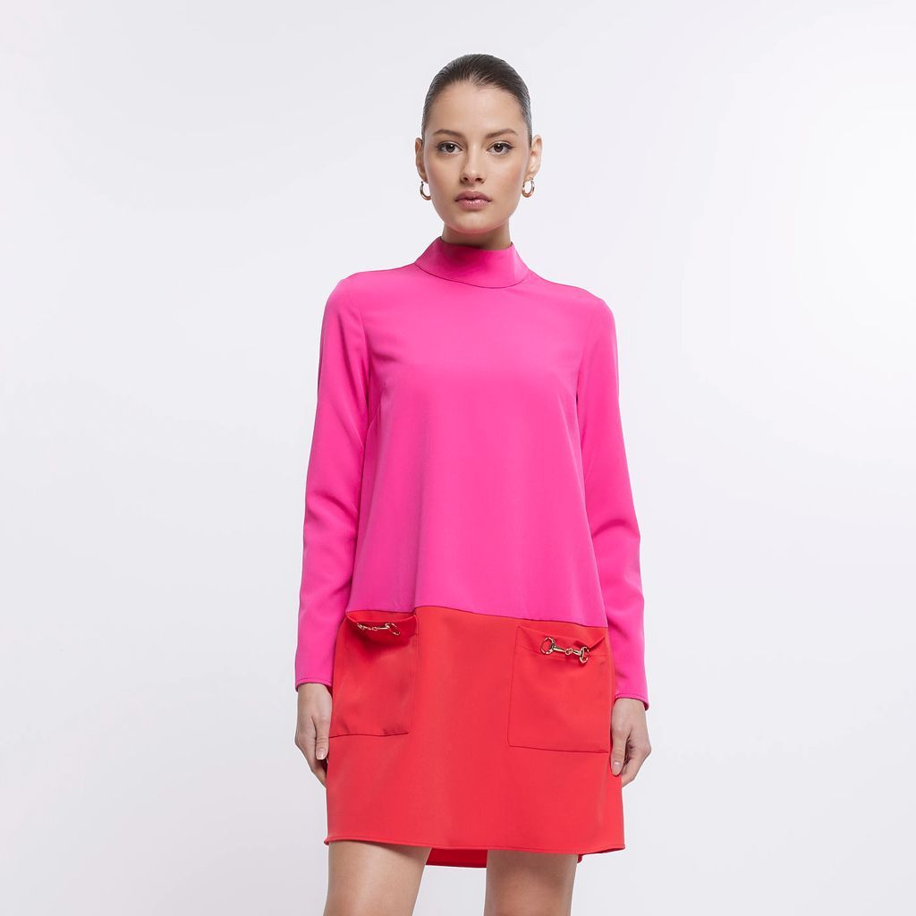 Womens Pink Block Long Sleeve Shift Mini Dress