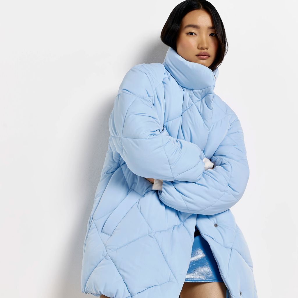 Womens Blue Quilted High Neck Padded Coat