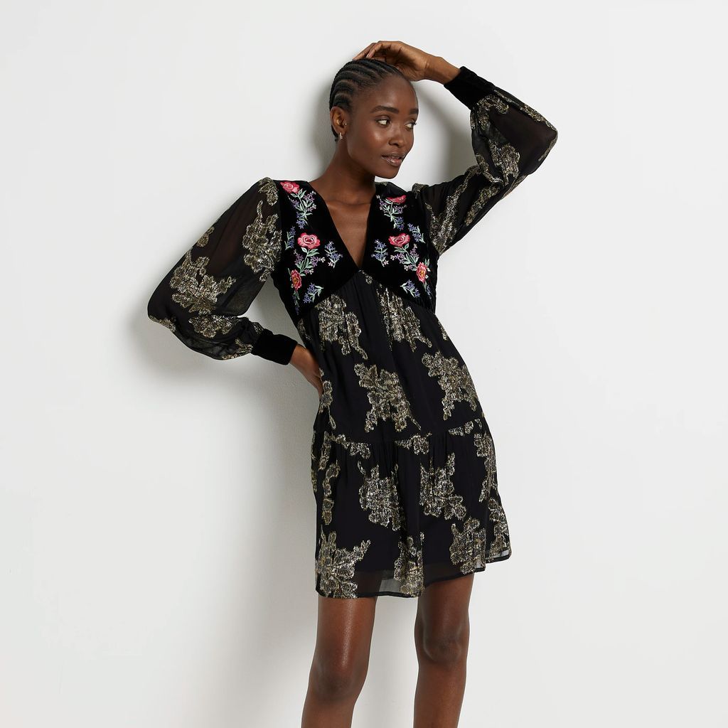 Womens Black Floral Embroidered Smock Mini Dress