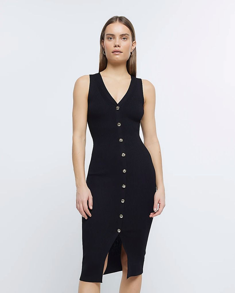 Womens Black Button Bodycon Midi Dress