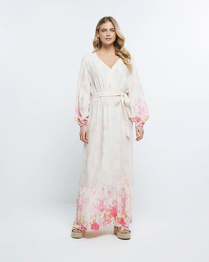 Womens Pink Ombre Floral Long Sleeve Maxi Dress