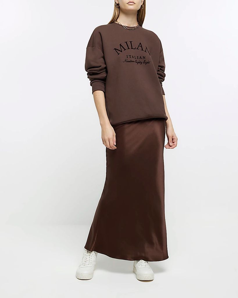 Womens Brown Satin Maxi Skirt