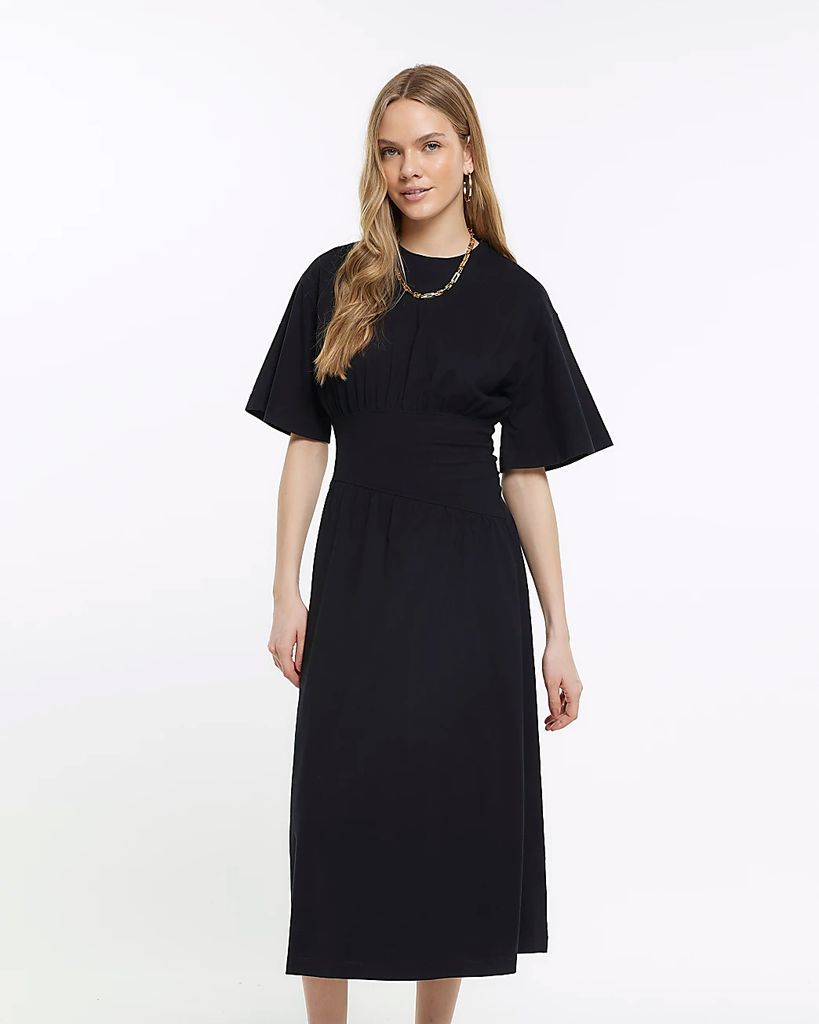 River Island Womens Black Cinched Waist Midi T-Shirt Dress