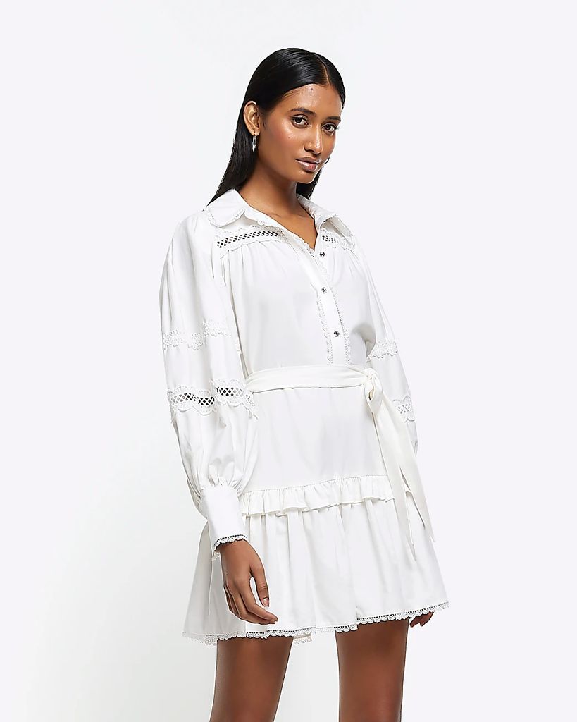 Womens White Belted Lace Trim Mini Dress