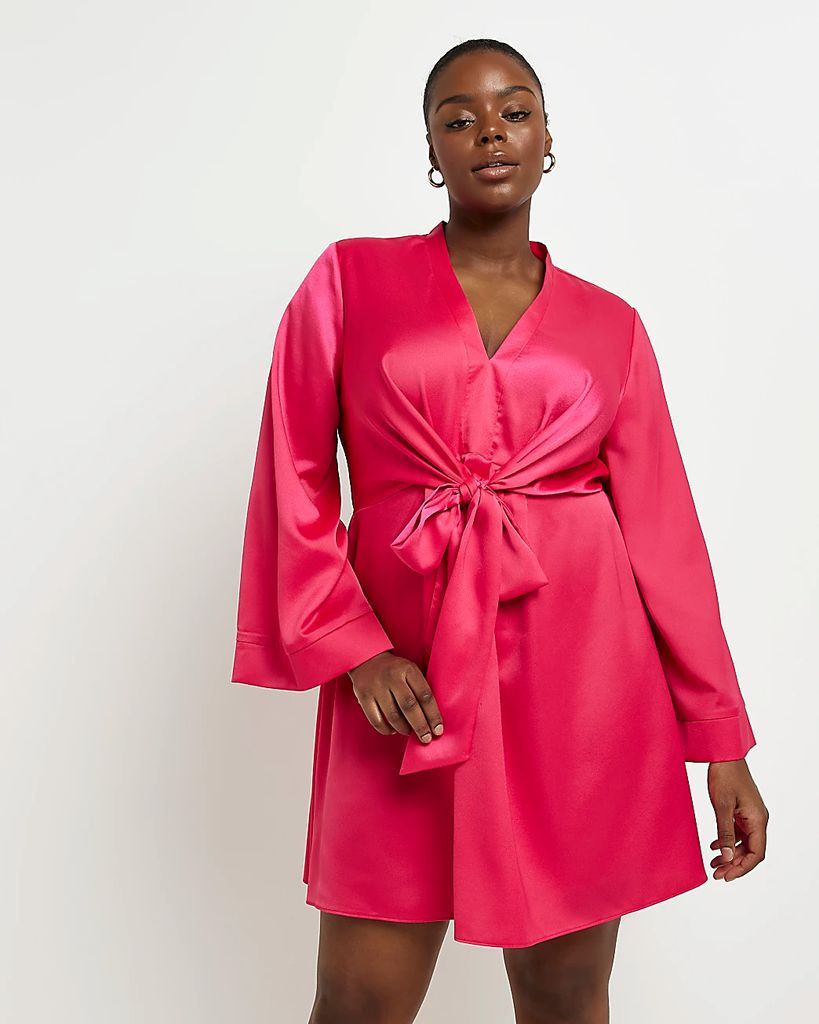 Womens Plus Pink Satin Tie Front Mini Dress