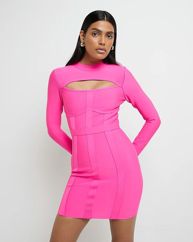 Womens Pink Cut Out Long Sleeve Bodycon Mini Dress