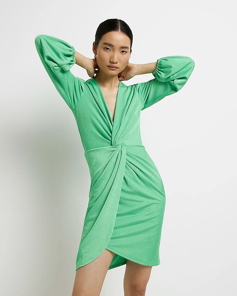 Womens Green Twist Wrap Mini Dress