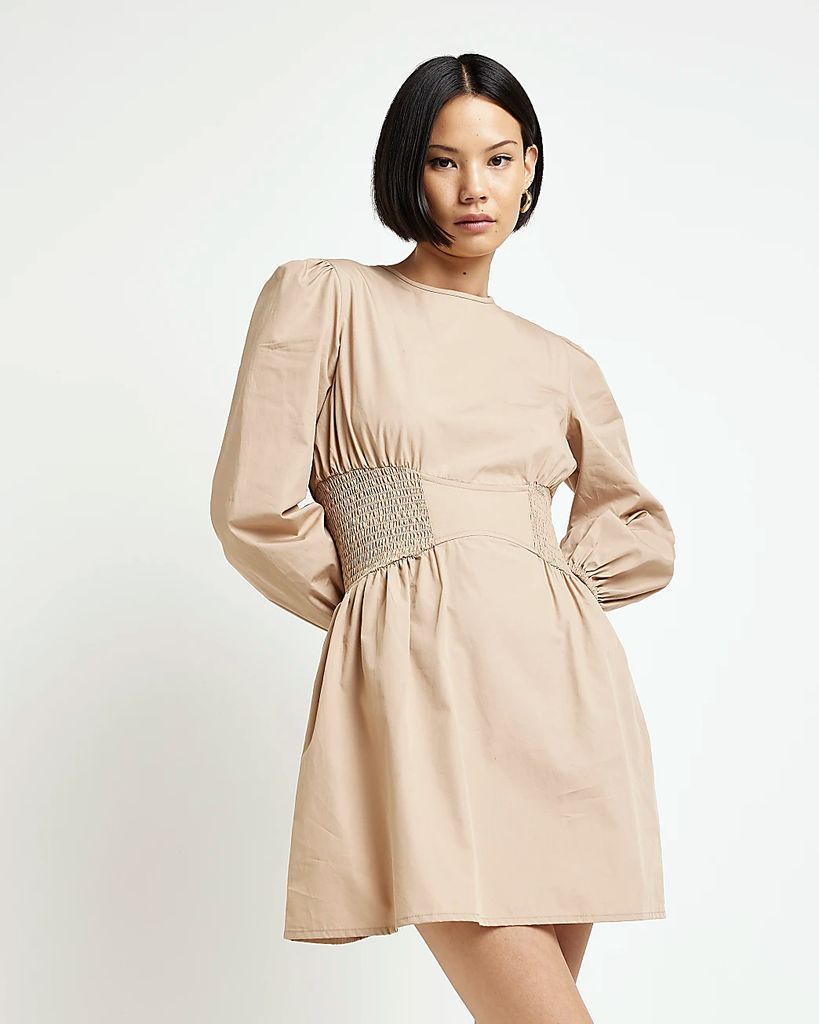 River Island Womens Beige Long Sleeve Shirred Waist Mini Dress