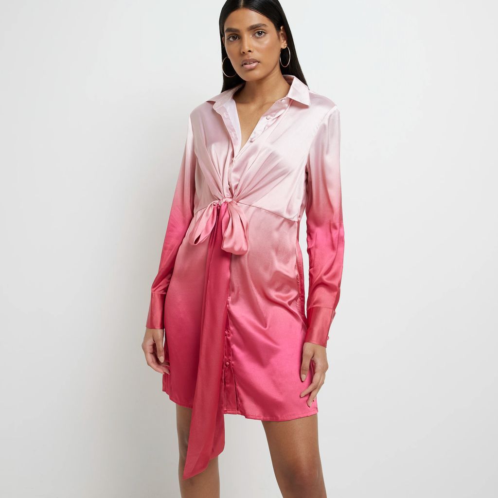 Womens Pink Satin Ombre Mini Shirt Dress
