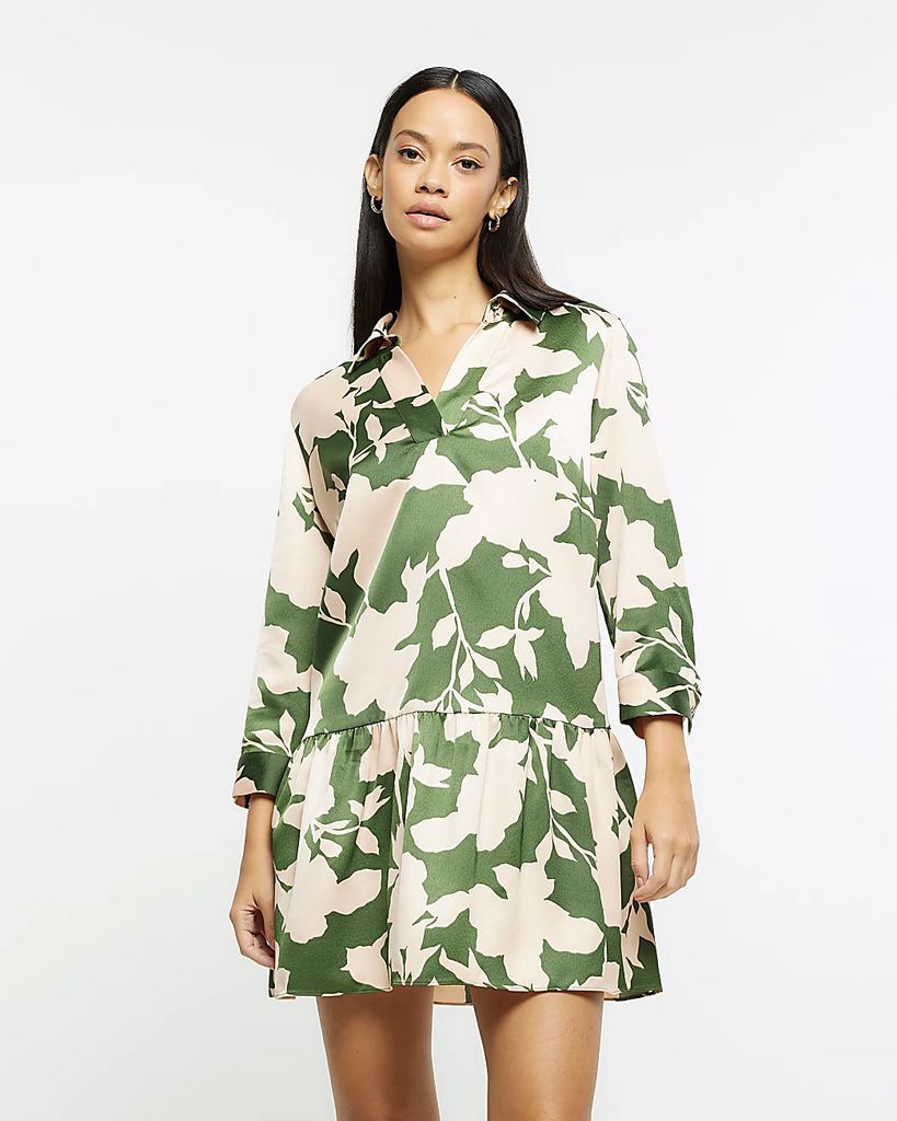 Womens Green Print Satin Mini Shirt Dress