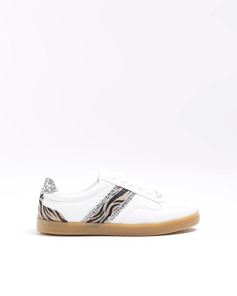 Womens White Animal Print Lace Up Trainers