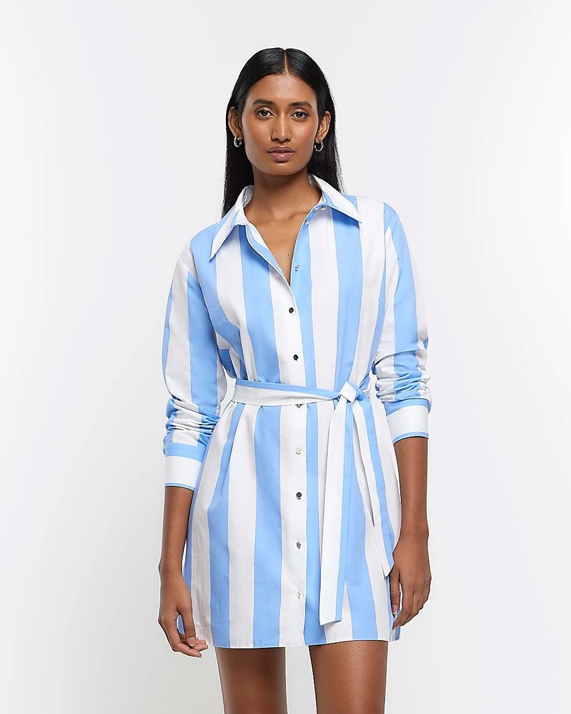 River Island Womens Blue Striped Tie Waist Mini Shirt Dress
