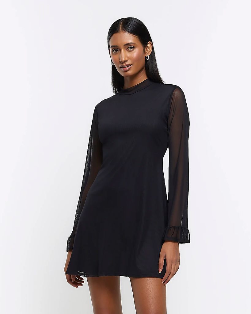 Womens Black Mesh Long Sleeve Mini Dress