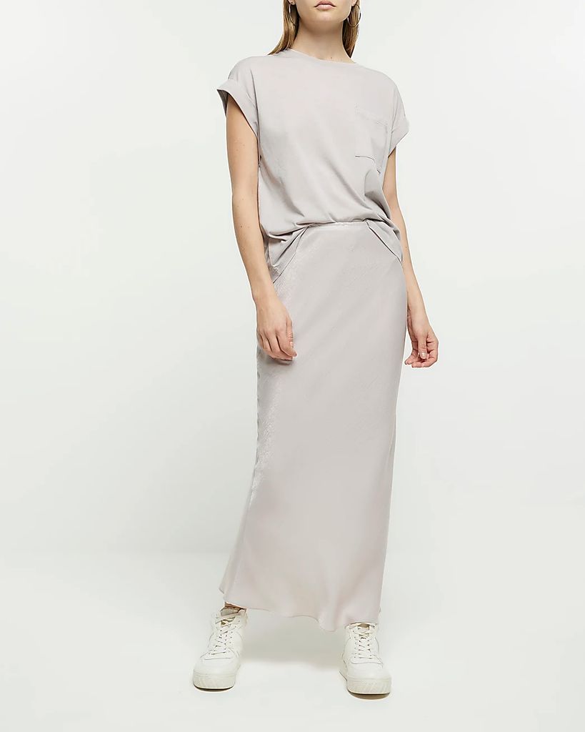 Womens Grey Satin Maxi Skirt