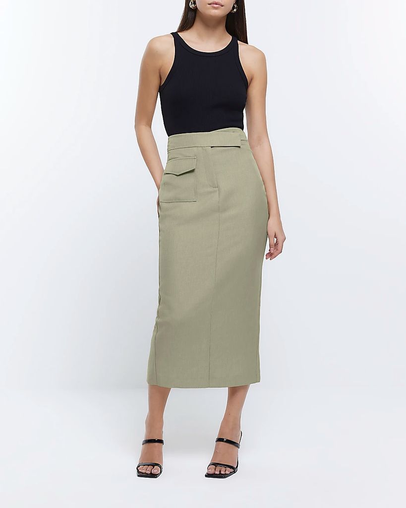 Womens Khaki Utility Midi Pencil Skirt