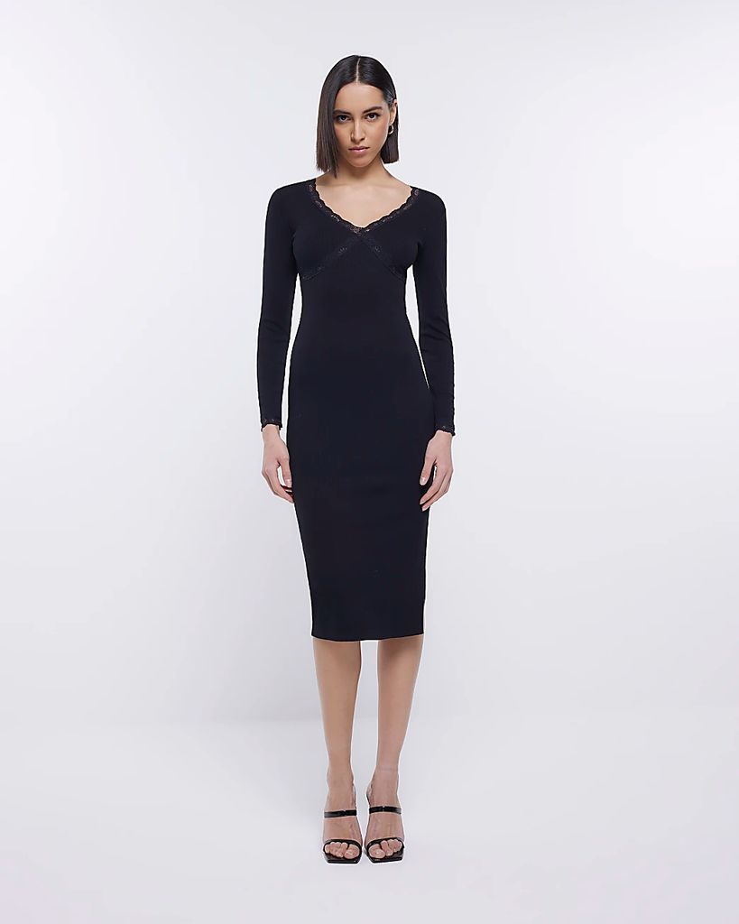 Womens Black Lace Long Sleeve Bodycon Midi Dress