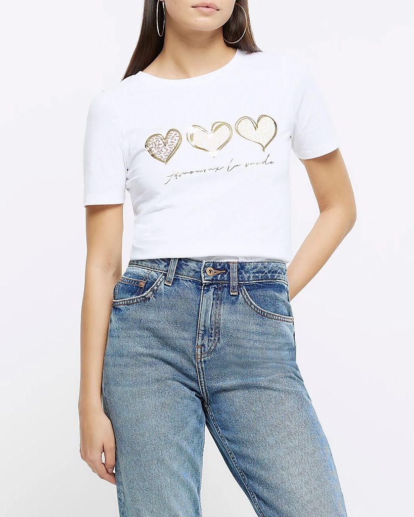 Womens White Heart Print T-Shirt