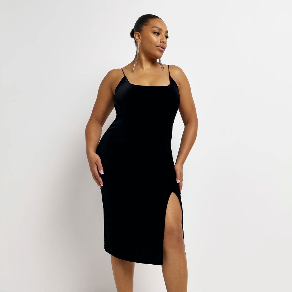 River Island Womens Plus Black Velour Bodycon Midi Dress