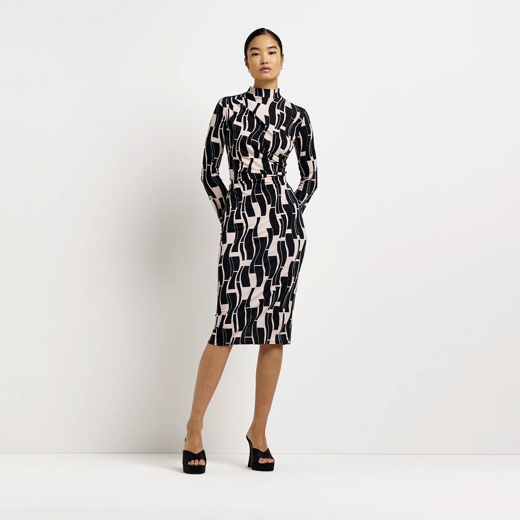 Womens Black Print Wrap Bodycon Midi Dress
