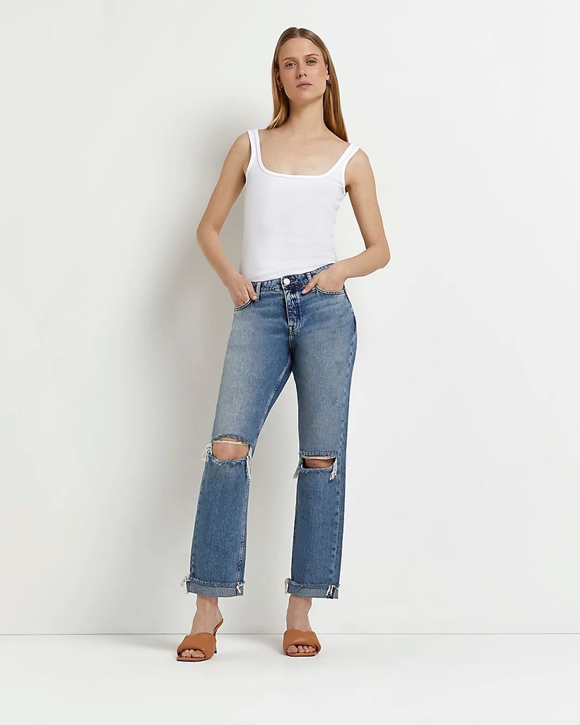 River Island Womens Blue Ripped Low Rise Straight Leg Jeans