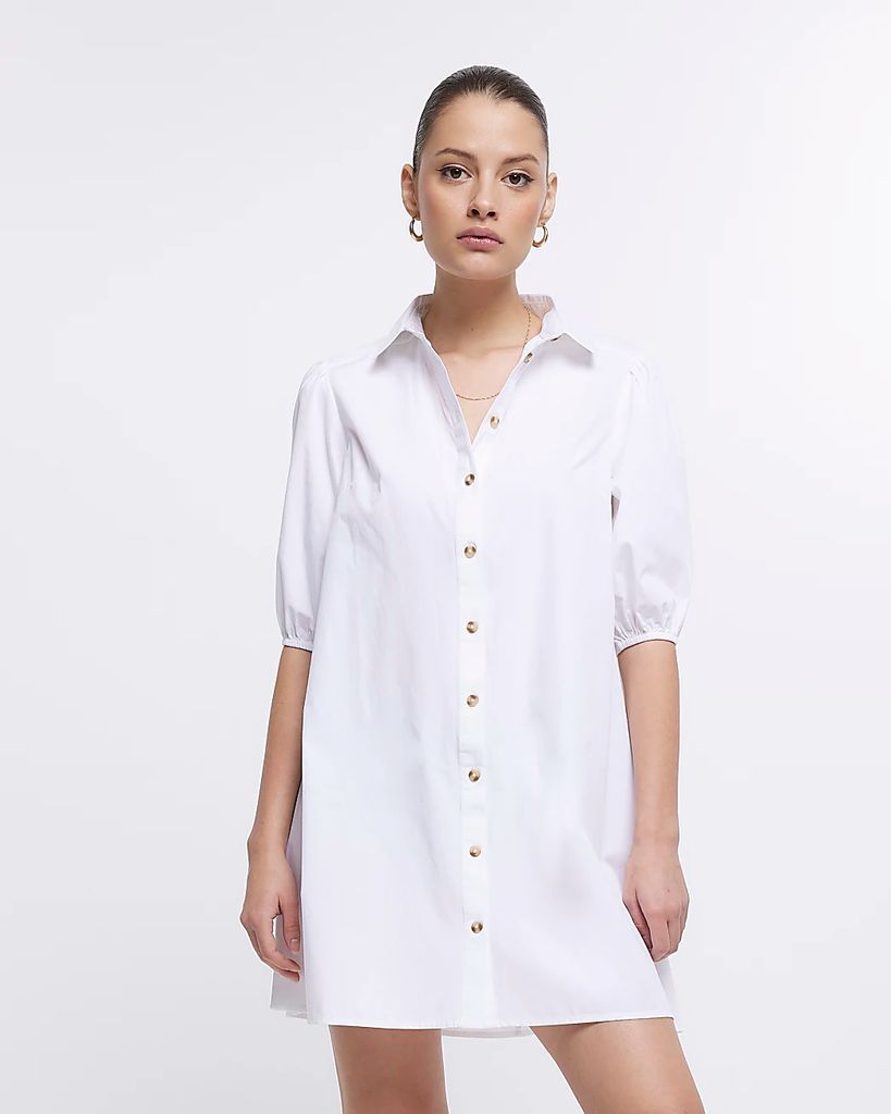 Womens White Short Sleeve Mini Shirt Dress