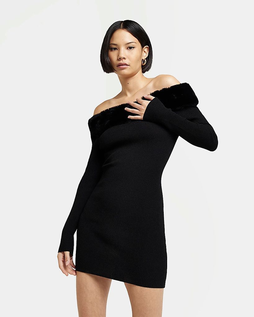 Womens Black Knit Faux Fur Trim Bodycon Mini Dress